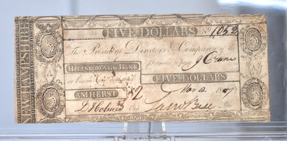 1807 Hillsborough Bank 5 Dollar Banknote - New Hampshire Obsolete - Early American Banknote - 1807 Five Dollars Obsolete Note Amherst NH