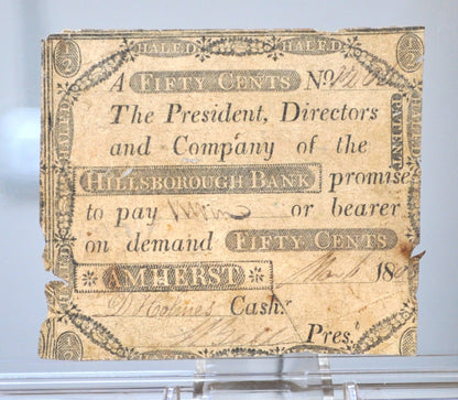1808 Hillsborough Bank 50 Cent Banknote - New Hampshire Obsolete - Early American Banknote - 1808 Fifty Cents Obsolete Note Amherst NH