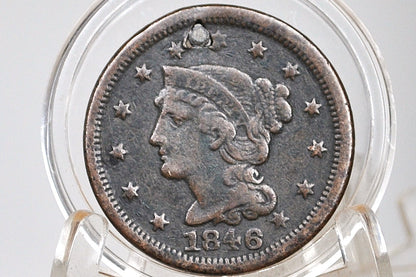 1846 Braided Hair Large Cent - Fine Details, Holed-Plugged - 1846 Coronet Cent - 1846 US Large Cent - Braided Hair 1839 to 1857