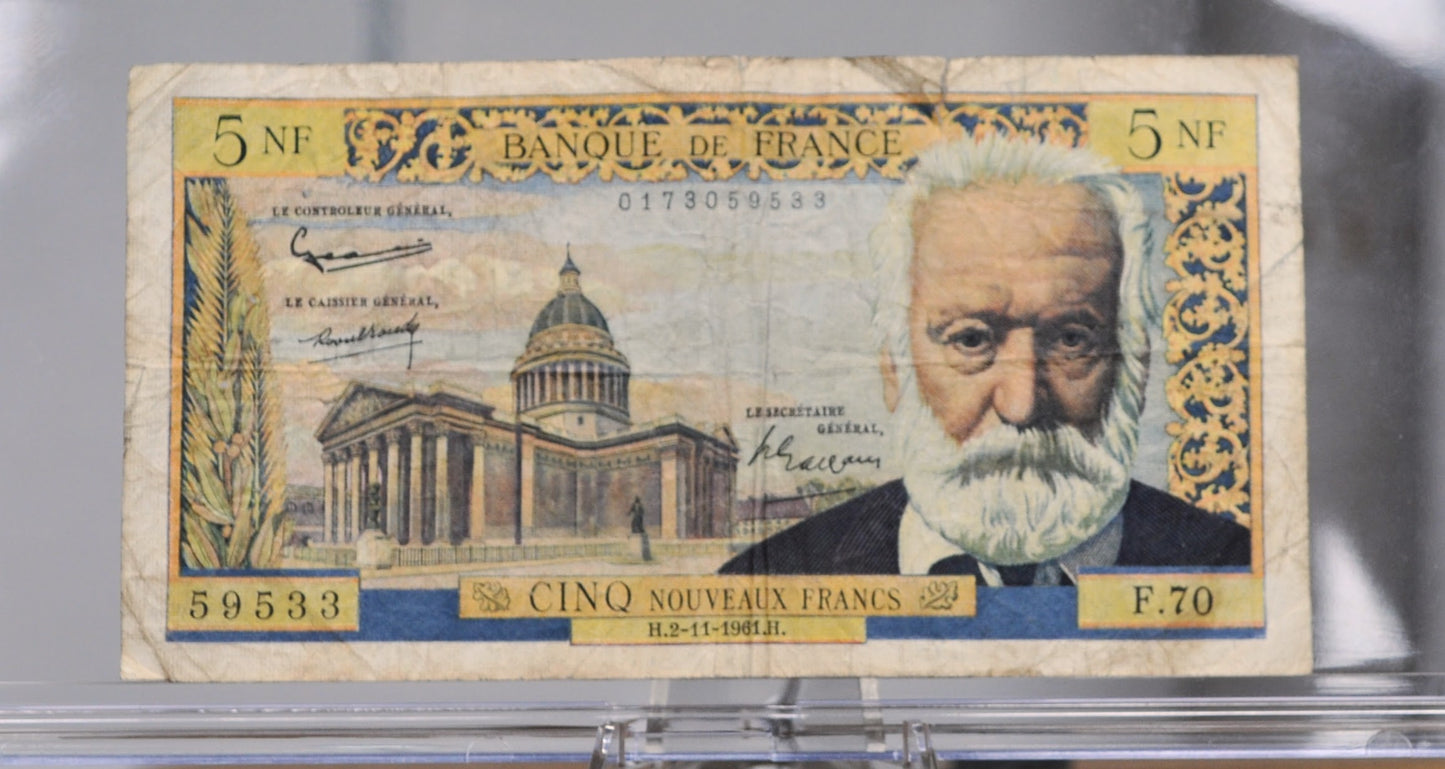1961 Bank of France 5 Nouveaux Franc Note - French Inflation Note - 2-11-1961 - 1961 Banque de France Five New Francs Note - P#141a