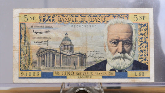 1962 Bank of France 5 Nouveaux Franc Note - Inflation Note - Rare Date, 1-3-1962 - 1962 Banque de France Five New Francs Note - P#141a