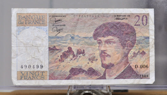1980 Bank of France 20 Franc Note - Rarer First Issue - Claude Debussy Type - No Security Thread - 1980 French Twenty Francs Note - P#151a
