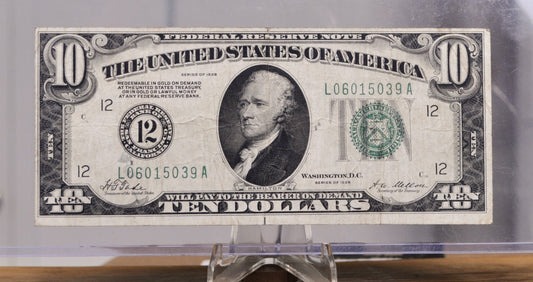 1928 10 Dollar Federal Reserve Numeric Note- Rare San Francisco (12) Issue - Redeemable In Gold - 1928 Ten Dollar Numeral Note - Fr#2000-L