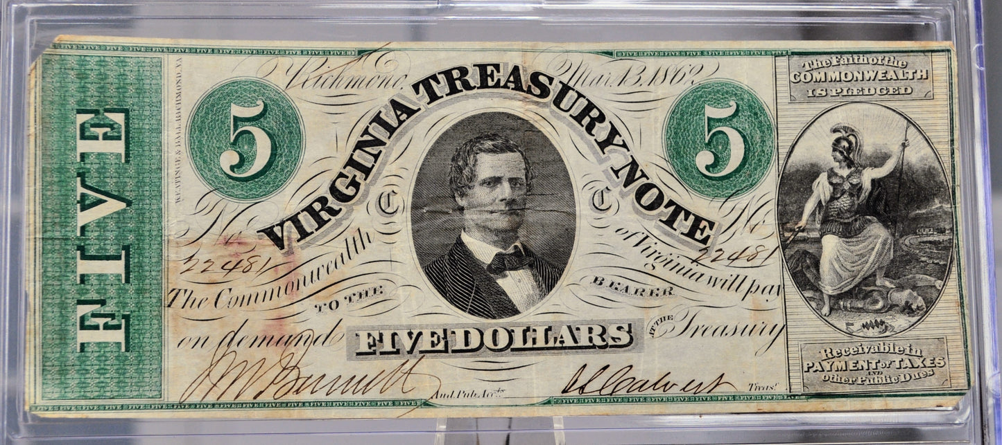 1862 Virginia Treasury 5 Dollar Obsolete Banknote - Virginia Confederate Currency - March 13, 1862 - Confederate Virginia Five Dollars Note