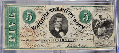1862 Virginia Treasury 5 Dollar Obsolete Banknote - Virginia Confederate Currency - March 13, 1862 - Confederate Virginia Five Dollars Note