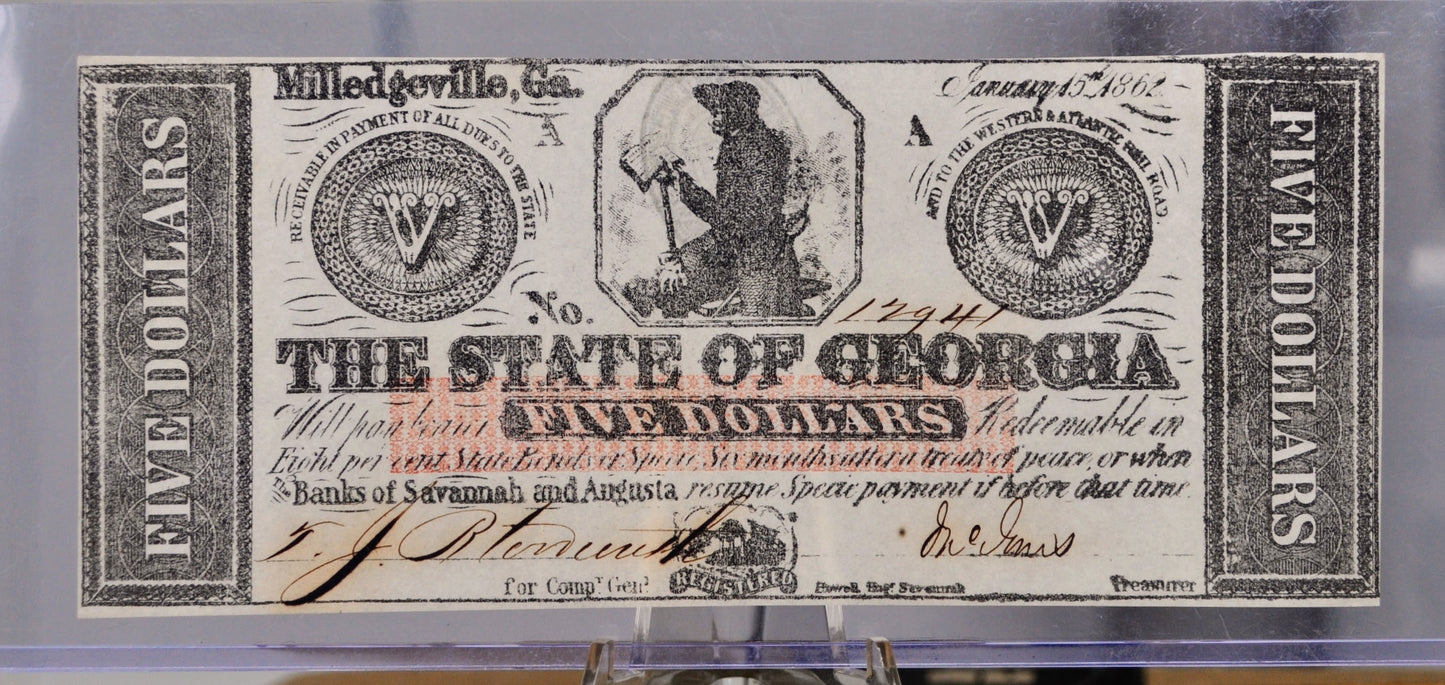 1862 The State of Georgia Milledgeville 5 Dollar Obsolete Note - Uncirculated Grade - Confederate Currency - 1862 Georgia Five Dollar Note