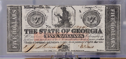 1862 The State of Georgia Milledgeville 5 Dollar Obsolete Note - Uncirculated Grade - Confederate Currency - 1862 Georgia Five Dollar Note