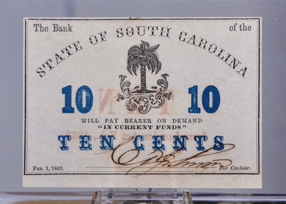 1863 State of South Carolina 10 Cents Obsolete Note - Uncirculated - Confederate Currency - 1863 Civil War Ten Cents Obsolete Treasury Note