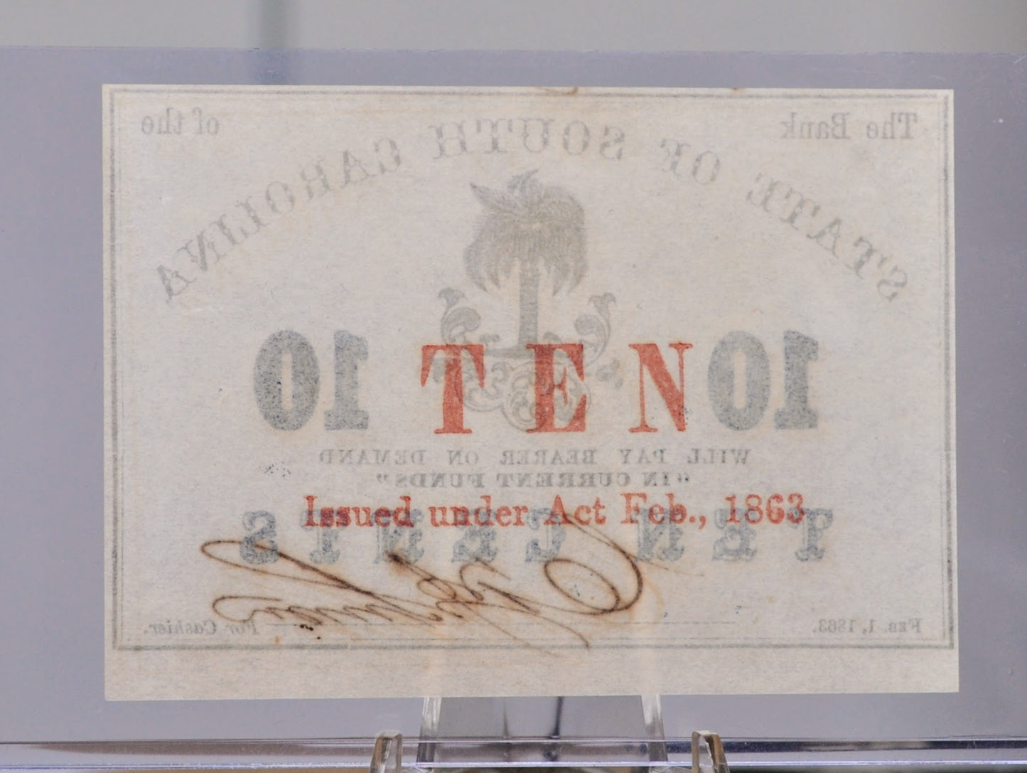 1863 State of South Carolina 10 Cents Obsolete Note - Uncirculated - Confederate Currency - 1863 Civil War Ten Cents Obsolete Treasury Note