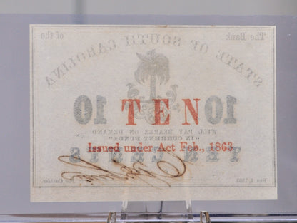 1863 State of South Carolina 10 Cents Obsolete Note - Uncirculated - Confederate Currency - 1863 Civil War Ten Cents Obsolete Treasury Note