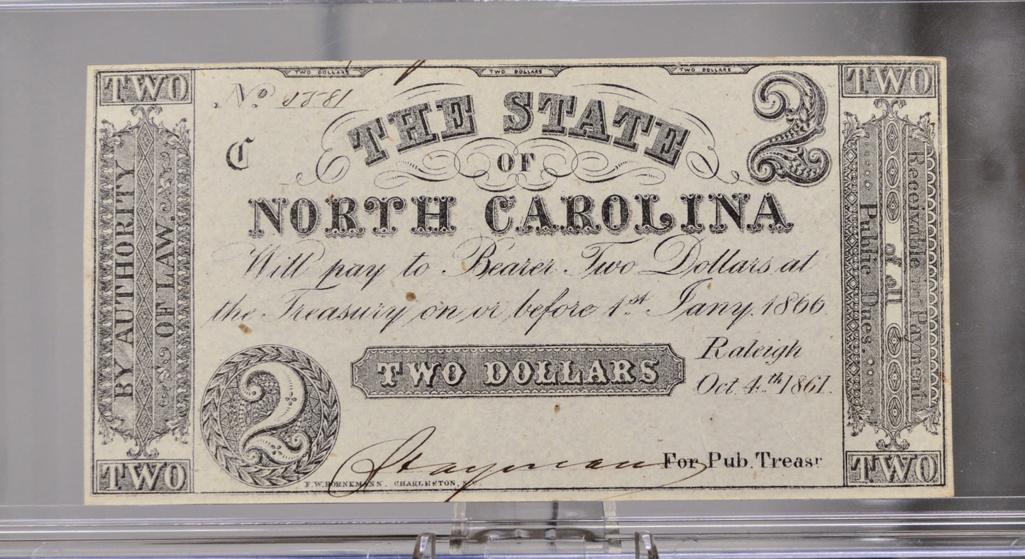 1861 State of North Carolina 2 Dollar Obsolete Note - Uncirculated - Confederate Currency - 1861 Raleigh NC Two Dollars Obsolete Note