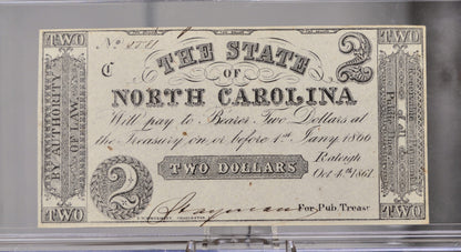 1861 State of North Carolina 2 Dollar Obsolete Note - Uncirculated - Confederate Currency - 1861 Raleigh NC Two Dollars Obsolete Note