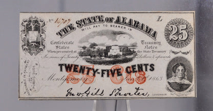 1863 State of Alabama 25 Cents Obsolete Note - Uncirculated - Confederate Currency - 1863 Montgomery AL Twenty-Five Cent Obsolete - Cr.6