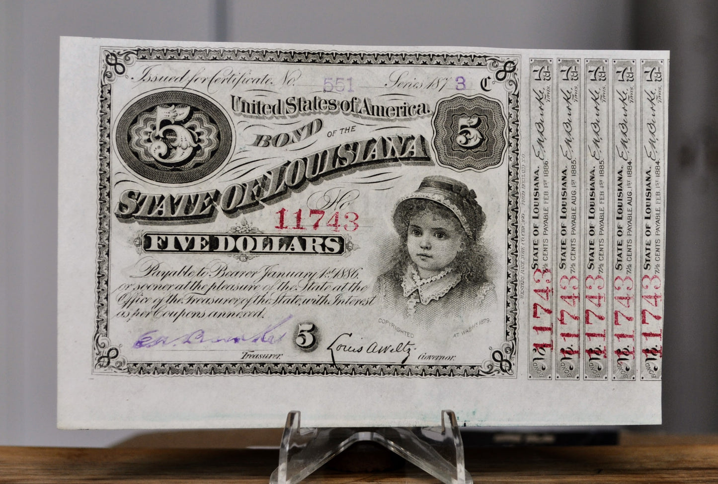 1873 State of Louisiana 5 Dollar Baby Bond - Series of 1873 - 5 Interest Coupons, 7 1/2 Cent Coupons - 1873 Louisiana Five Dollar Baby Bond