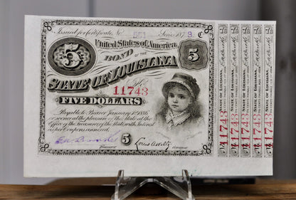 1873 State of Louisiana 5 Dollar Baby Bond - Series of 1873 - 5 Interest Coupons, 7 1/2 Cent Coupons - 1873 Louisiana Five Dollar Baby Bond