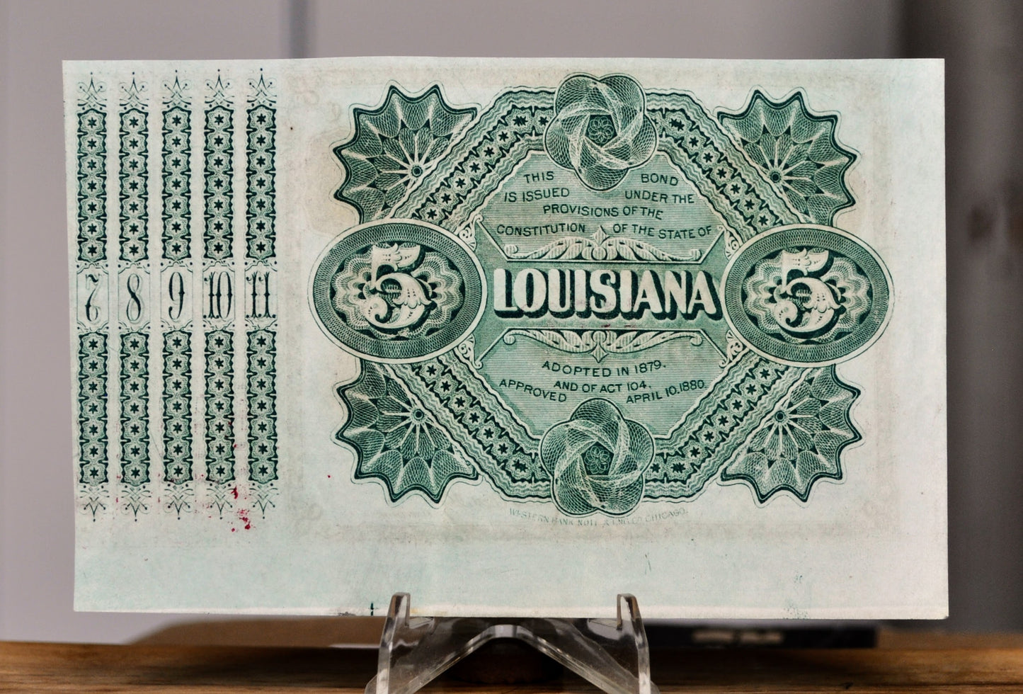 1873 State of Louisiana 5 Dollar Baby Bond - Series of 1873 - 5 Interest Coupons, 7 1/2 Cent Coupons - 1873 Louisiana Five Dollar Baby Bond