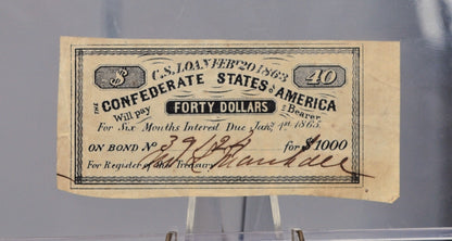 1863 Confederate 40 Dollars on 1000 Dollar Bond Loan Coupon - C.S. Loan of Feb. 20th, 1863 - Civil War Era Confederate Loan Interest Coupon