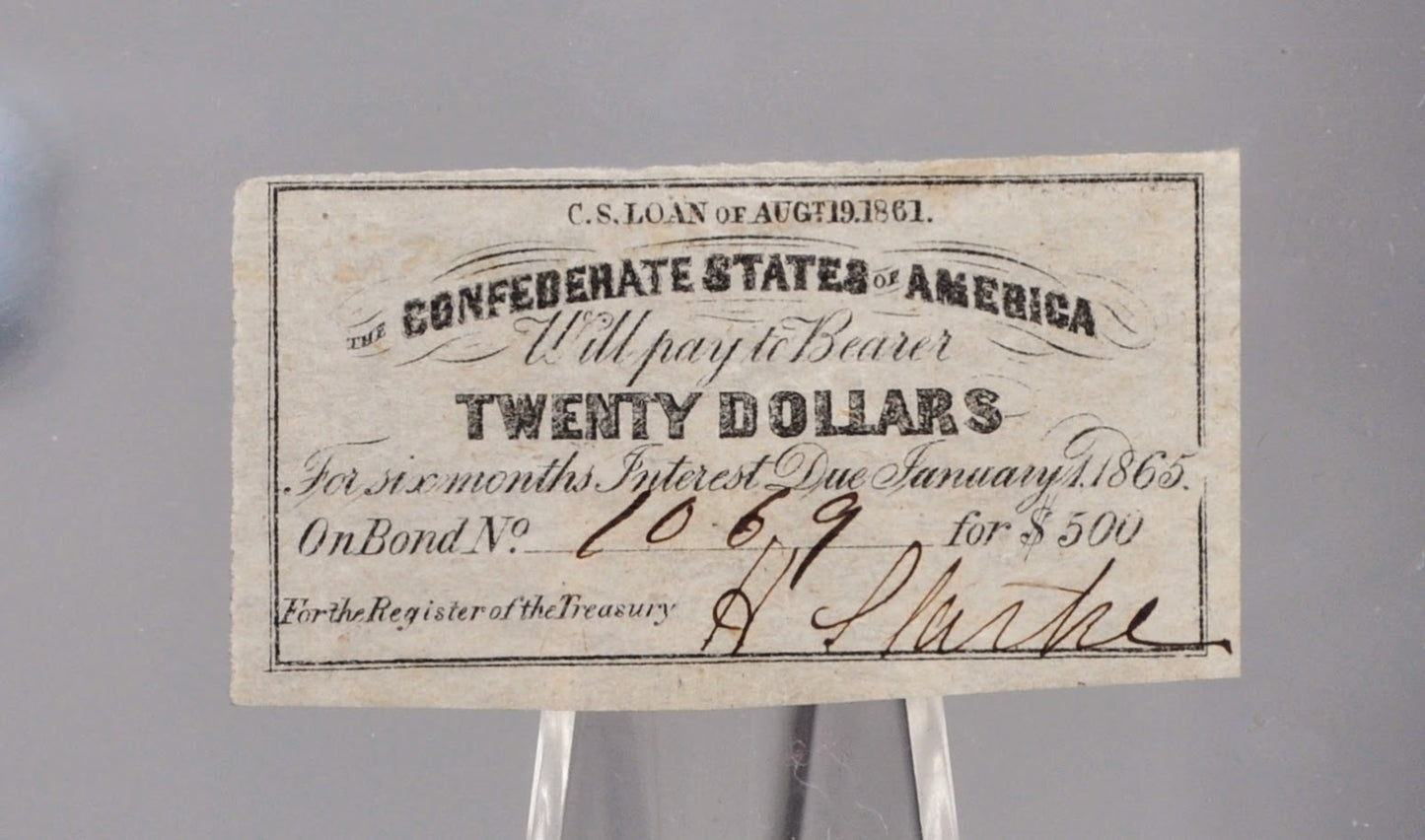 1861 Confederate 20 Dollars on 500 Dollar Bond Loan Coupon - C.S. Loan of Aug. 19th, 1861 - Civil War Era Confederate Loan Interest Coupon