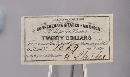 1861 Confederate 20 Dollars on 500 Dollar Bond Loan Coupon - C.S. Loan of Aug. 19th, 1861 - Civil War Era Confederate Loan Interest Coupon