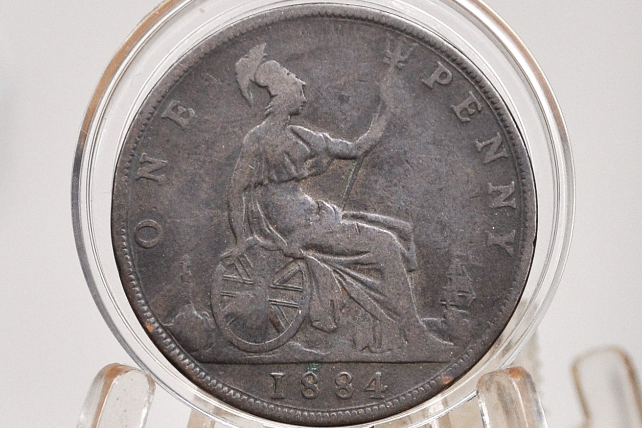1884 Great Britain One Penny - F/VF (Fine-Very Fine) - UK Large Penny 1884 - Queen Victoria Young Head 1884 Copper UK penny