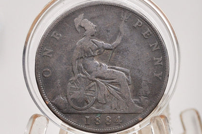 1884 Great Britain One Penny - F/VF (Fine-Very Fine) - UK Large Penny 1884 - Queen Victoria Young Head 1884 Copper UK penny
