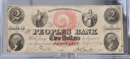 1862 Peoples Bank 2 Dollar Derby-Line Obsolete Note - Vermont Obsolete Currency - Derby Line, VT - 1862 Vermont Two Dollar Obsolete Banknote