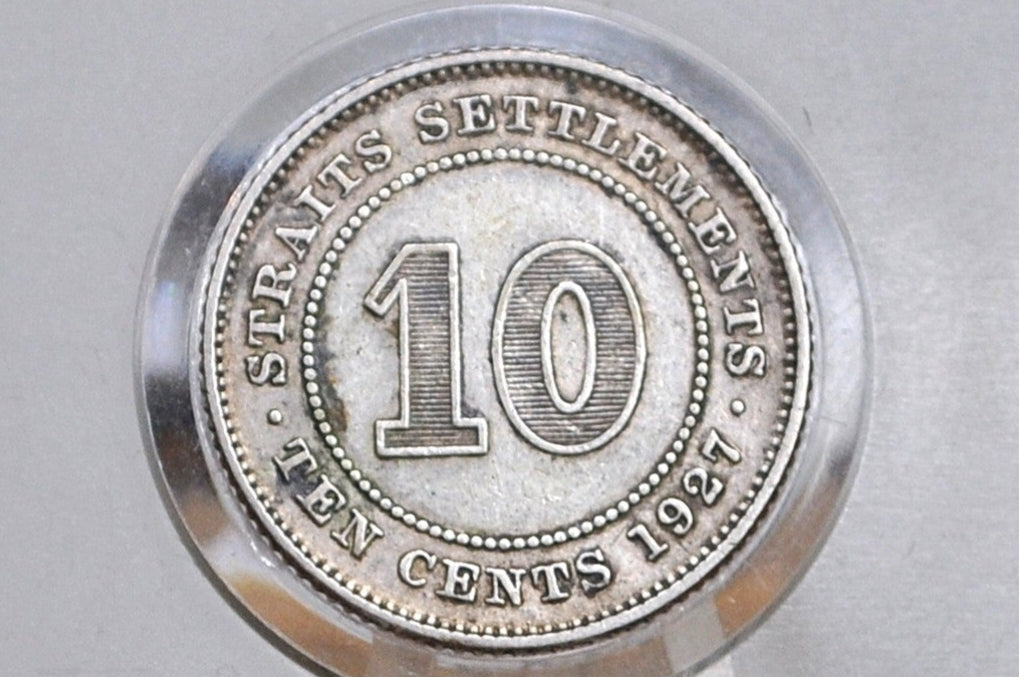 1927 Silver British Straits Settlements 10 Cents - XF/AU Condition - King George V -