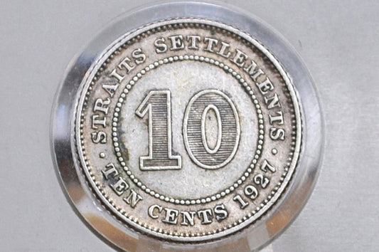 1927 Silver British Straits Settlements 10 Cents - XF/AU Condition - King George V -