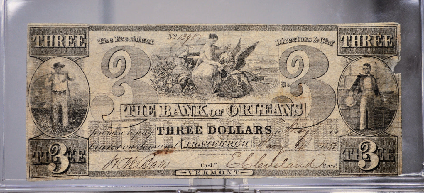 1857 Bank of Orleans 3 Dollars Irasburgh Obsolete Note - Vermont Obsolete Currency - Irasburg, VT - 1857 Vermont Three Dollar Banknote