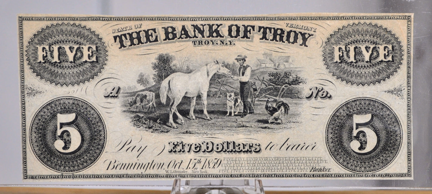 1859 Bank of Troy 5 Dollar Obsolete Note - Vermont Obsolete Currency - Unissued Remainder - 1859 Troy Five Dollars Obsolete Banknote