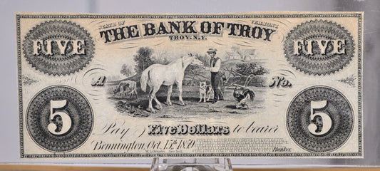 1859 Bank of Troy 5 Dollar Obsolete Note - Vermont Obsolete Currency - Unissued Remainder - 1859 Troy Five Dollars Obsolete Banknote