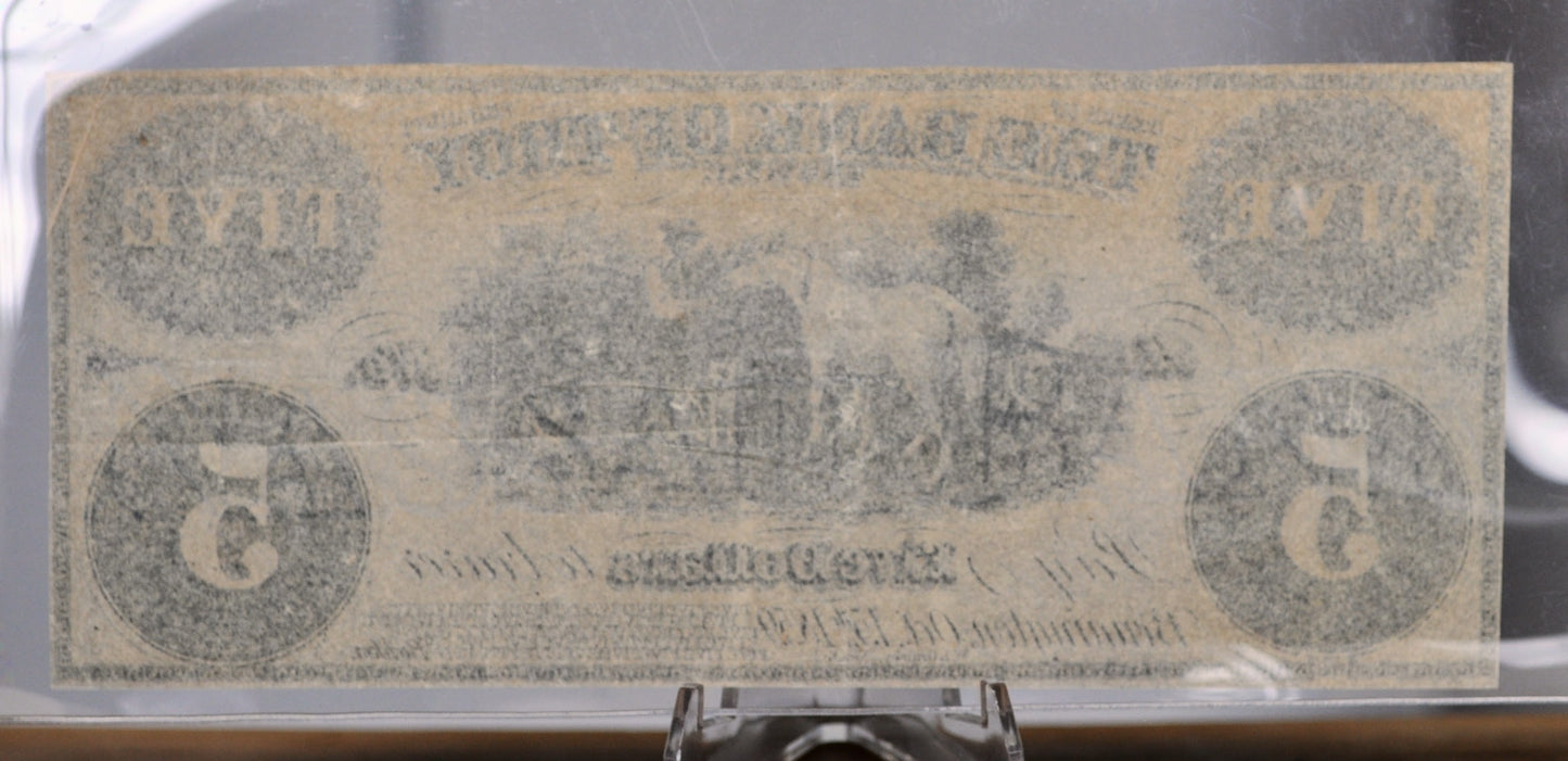 1859 Bank of Troy 5 Dollar Obsolete Note - Vermont Obsolete Currency - Unissued Remainder - 1859 Troy Five Dollars Obsolete Banknote