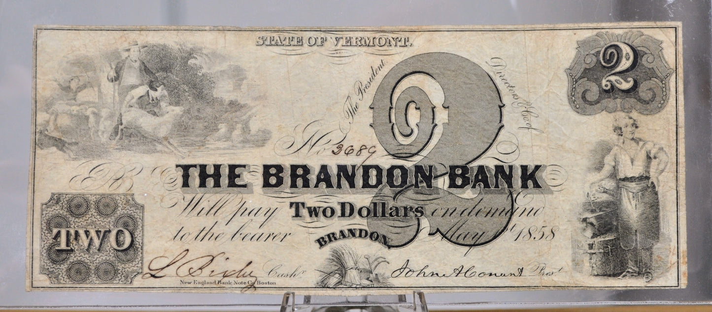 1858 Brandon Bank 2 Dollar Obsolete Note - Vermont Obsolete Currency - Brandon, VT - 1858 Vermont Two Dollar Obsolete Banknote