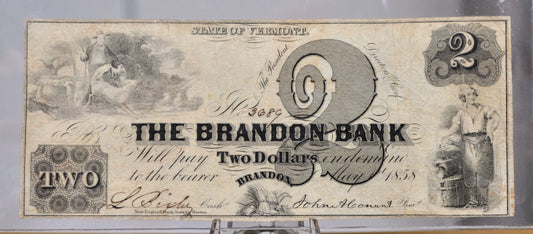 1858 Brandon Bank 2 Dollar Obsolete Note - Vermont Obsolete Currency - Brandon, VT - 1858 Vermont Two Dollar Obsolete Banknote
