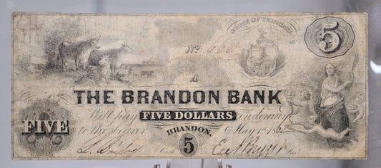 1862 Brandon Bank 5 Dollar Obsolete Note - Vermont Obsolete Currency - Brandon, VT - 1862 Vermont Five Dollar Obsolete Banknote