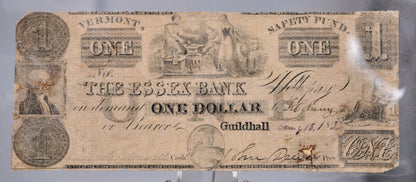 1833 Essex Bank 1 Dollar Guildhall Obsolete Note - Vermont Obsolete Currency - Guildhall, VT - 1833 Vermont One Dollar Obsolete Banknote