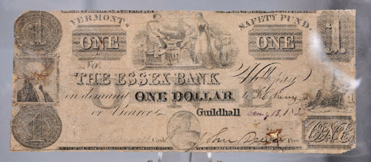 1833 Essex Bank 1 Dollar Guildhall Obsolete Note - Vermont Obsolete Currency - Guildhall, VT - 1833 Vermont One Dollar Obsolete Banknote