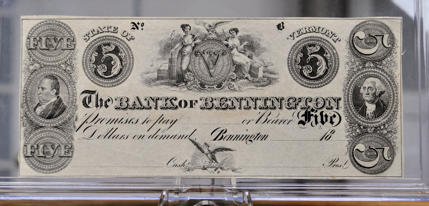 1800s Bank of Bennington 5 Dollar Obsolete Note - Vermont Obsolete Currency - Unissued Remainder - 1800s Bennington Five Dollars Banknote