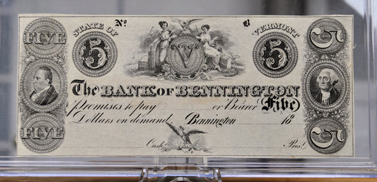 1800s Bank of Bennington 5 Dollar Obsolete Note - Vermont Obsolete Currency - Unissued Remainder - 1800s Bennington Five Dollars Banknote