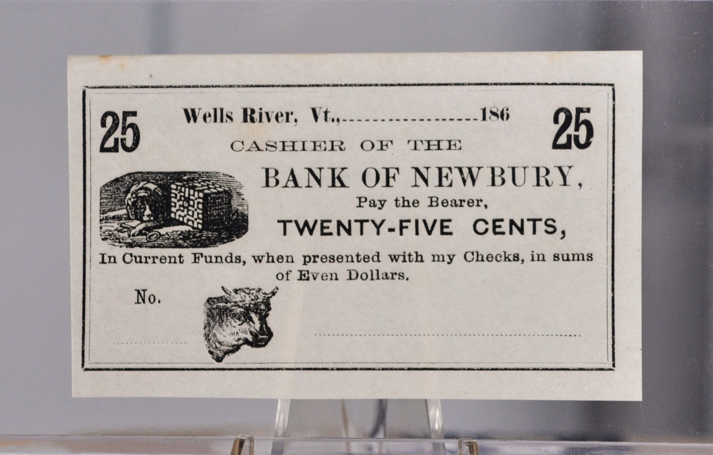1860s Bank of Newbury 25 Cents Merchant Scrip Note - Unissued Remainder - Vermont Obsolete - 1862 Wells River, VT Twenty-Five Cent Note
