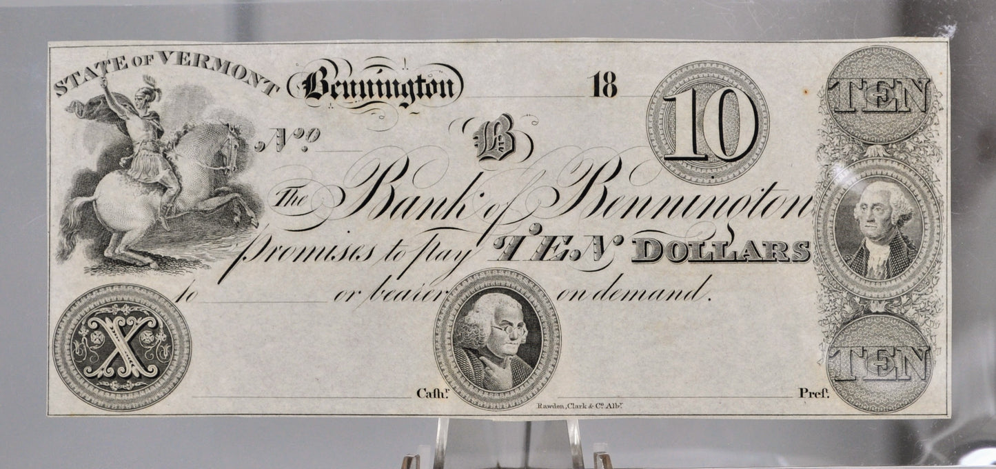 1800s Bank of Bennington 10 Dollar Obsolete Note - Vermont Obsolete Currency - Unissued Remainder - 1800s Bennington Ten Dollars Banknote