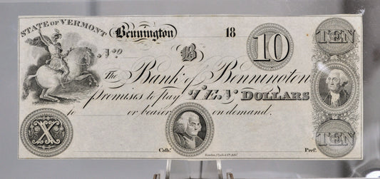 1800s Bank of Bennington 10 Dollar Obsolete Note - Vermont Obsolete Currency - Unissued Remainder - 1800s Bennington Ten Dollars Banknote