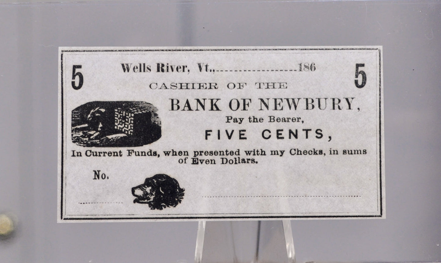 1860s Bank of Newbury 5 Cents Merchant Scrip Note - Unissued Remainder - Vermont Obsolete - 1860s Wells River, VT Five Cent Fractional Note