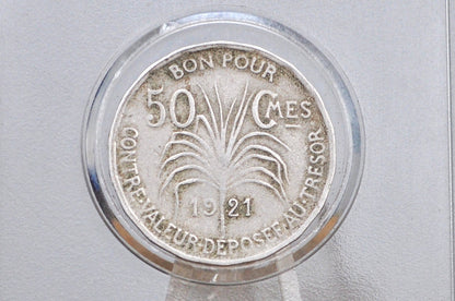 RARE 1921 50 Centimes, Guadeloupe - XF Condition - Low Mintage - French Dependency - (Copy)