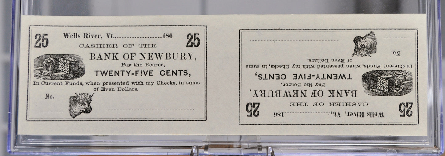 1860s Bank of Newbury 25 Cents Merchant Scrip Uncut Sheet - Unissued Remainder - Vermont Obsolete - 1860s Wells River Twenty-Five Cent Notes