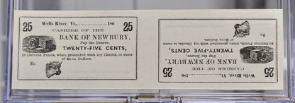 1860s Bank of Newbury 25 Cents Merchant Scrip Uncut Sheet - Unissued Remainder - Vermont Obsolete - 1860s Wells River Twenty-Five Cent Notes
