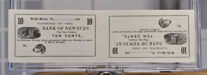 1860s Bank of Newbury 10 Cents Merchant Scrip Uncut Sheet - Unissued Remainder - Vermont Obsolete - 1860s Wells River, VT Ten Cent Notes
