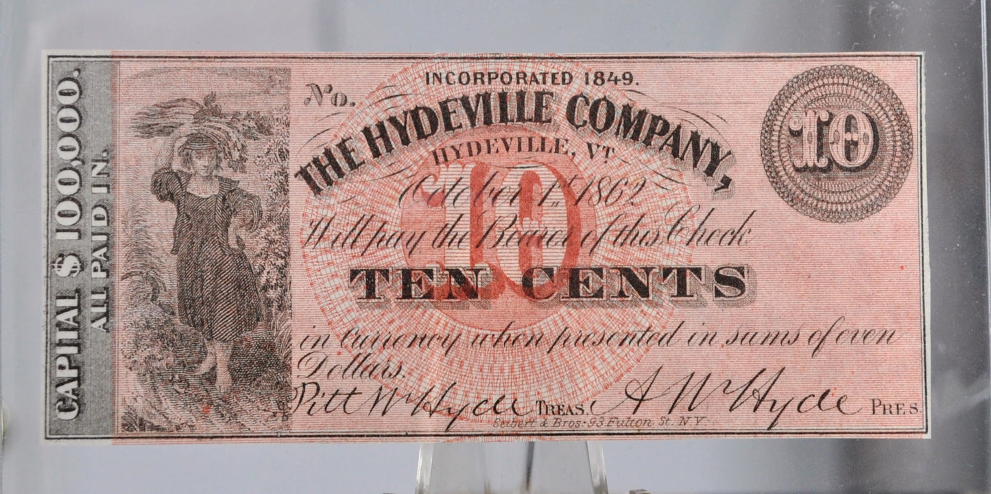 1862 Hydeville Company 10 Cents Merchant Scrip Note - Hydeville Vermont Obsolete - 1862 Vermont Company Ten Cent Obsolete Note