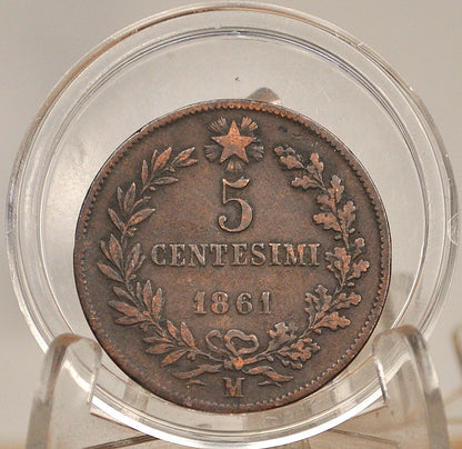 1861 5 Centesimi Italian Coin - Fine Condition - Victor Emmanuel II - Unique Find - Italy 1861 5 Cent Coin 1861 Italian Coin 1861 M
