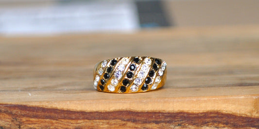 Shining 18K Gold Electroplated Black & Clear Crystals Ring - Size 6 - Electroplated Gold Rings - Black & Clear Crystal Ring